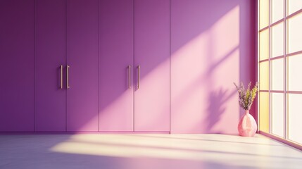 Wall Mural - Minimalist Modern Living Room Featuring Purple Doors and Fuchsia Wardrobe in Bright Spacious Interior with Natural Light and Decorative Vase