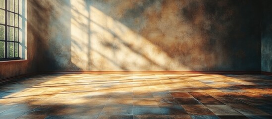 Poster - Elegant sunlit floor with modern vinyl tiles highlighting warm tones and shadows suitable for adding text or branding elements.