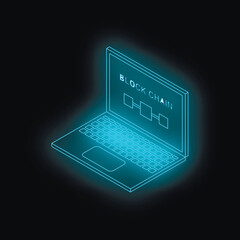 Poster - Futuristic neon blue laptop displaying blockchain network, representing cryptocurrency and decentralized finance