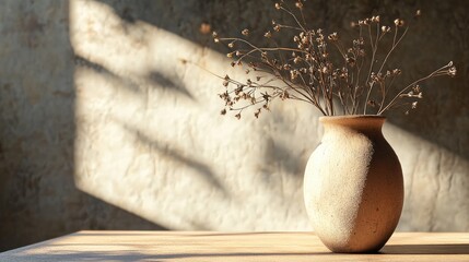 Poster - Modern minimalist loft living room featuring a decorative vase with dried flowers and natural sunlight creating soft shadows on the wall