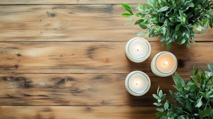 Poster - Natural Wood Table Top with Three White Candles Surrounded by Greenery for a Cozy and Inviting Home Atmosphere