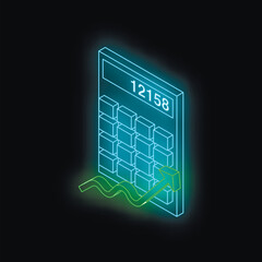 Poster - Neon isometric calculator with increasing green arrow symbolizing positive financial trend, profit, and success