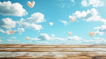 Poster - wooden table surface with floating white hearts against a serene blue sky and fluffy clouds for roma