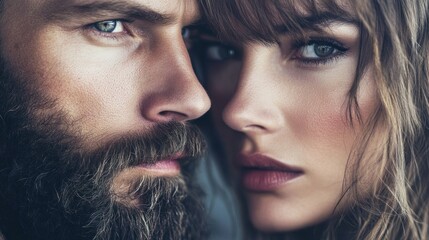 Poster - Two captivating individuals share a close encounter, highlighting their styled beards and stunning features. The warm ambiance softens their expressions, creating an enchanting connection