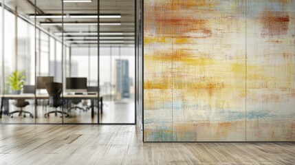 Poster - Modern Office Space with Artistic Wall and Blurred Workspace Background in Bright Natural Light
