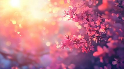Poster - Tranquil Sunset over Blossoming Flowers with Soft Focus and Dreamy Light Effects