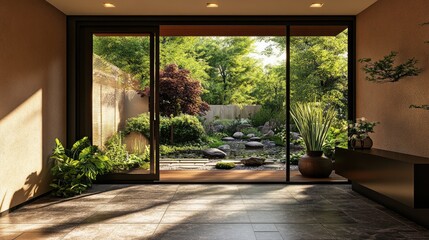 Poster - Serene Lobby Entrance Overlooking Tranquil Outdoor Garden with Lush Greenery and Natural Light