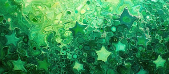 Poster - Vibrant green abstract background with star shapes in acrylic pouring technique perfect for party themes and event decorations with empty text space