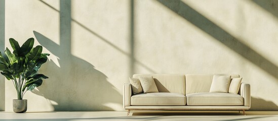 Poster - Modern minimalist living room with light couch and large window showcasing natural light and empty wall space for design or real estate copy