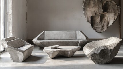 Poster - Contemporary Living Room Featuring Unique Concrete Furniture Designs and Artistic Decor