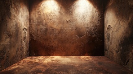 Poster - Textured rustic plaster wall with warm lighting creating an inviting backdrop for artistic displays or photography setups