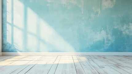 Poster - Shabby Chic Interior Walls with Textured Blue Plaster and Wooden Floor Ideal for Background or Copyspace Placement in Design Projects