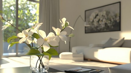 Poster - Contemporary Living Room with Smart Home Features and Elegant Floral Arrangement