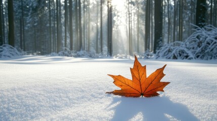 Wall Mural - Sunlit Winter Forest with Fallen Maple Leaf on Snow and Snow-Covered Trees Providing Space for Text in a Vertical Orientation