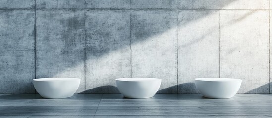 Poster - Modern minimalist interior design showcasing three elegant white bowls against a textured concrete wall with ample copyspace for customization.