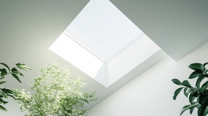 Poster - Minimalist white room with ceiling skylight and greenery ideal for modern home interior design and natural light inspiration.