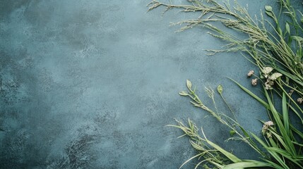 Poster - Natural textured backdrop featuring greenery on a blue surface ideal for adding text or graphic elements
