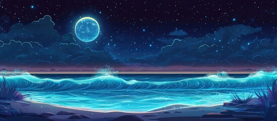 Poster - Serene moonlit beach with luminous bioluminescent waves under a starry sky offering ample space for text placement and creative designs
