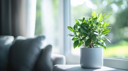 Poster - Modern living room featuring vibrant green plant by window enhancing the fresh and stylish atmosphere of the indoor space