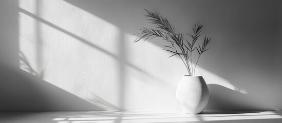 Poster - Minimalist Monochrome Bathroom Scene with Plant in Vase and Soft Natural Light for Text Insertion