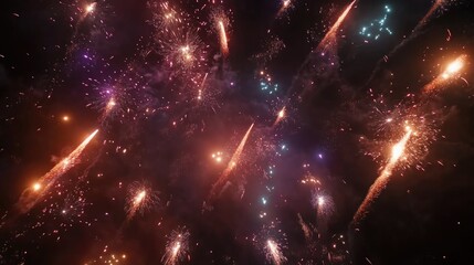 Poster - Vibrant fireworks bursting in the night sky creating a festive atmosphere for year-end holiday celebrations and nighttime events.