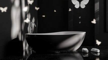 Poster - Elegant Modern Bathroom with Black Accents and Decorative Moth Design Enhancing Bokeh Lighting Effects