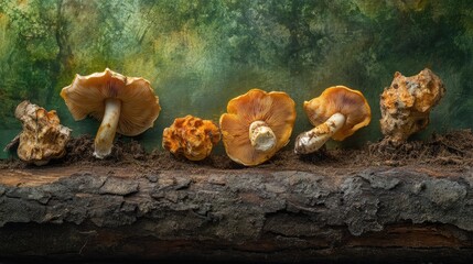 Poster - Cluster of wild mushrooms under a fallen tree trunk showcasing whole and halved fungi with a blurred green forest background.