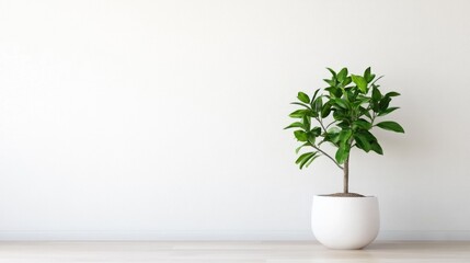 Wall Mural - Minimalist living room design featuring a potted plant on a wooden floor against a neutral wall for a serene atmosphere