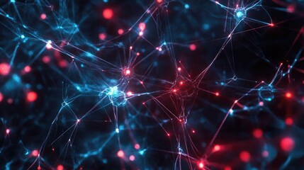 Poster - Abstract network nodes glowing in dark blue and light red with interconnected lines representing data connectivity and technology innovation.