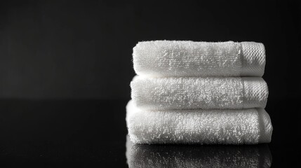 Poster - White Cotton Towels Stacked Elegantly on Black Background Ideal for Stylish Product Display and Minimalist Home Decor