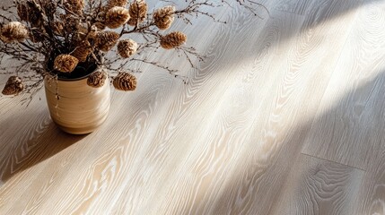 Poster - Natural wooden floor texture with bark details and dried flower arrangement in soft natural light