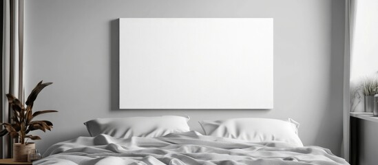  - Blank canvas mockup on wall of modern Scandinavian bedroom interior design with empty space for artwork or text to showcase decor ideas