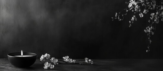 Poster - monochrome floral and candle decor on table with empty space for text in elegant black and white com