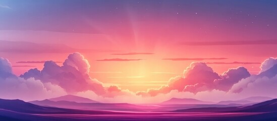 Poster - Serene sunrise landscape with vibrant sky and fluffy clouds ideal for tranquil backgrounds or adding personalized text.