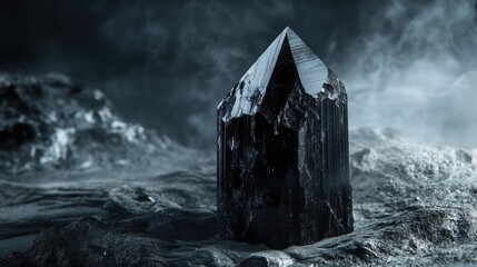 Poster - black tourmaline crystal mineral formation on a textured background highlighting its natural geometr