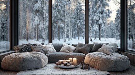 Poster - Cozy winter living room interior with gray furniture and snowy nature view creating a serene and inviting hygge atmosphere