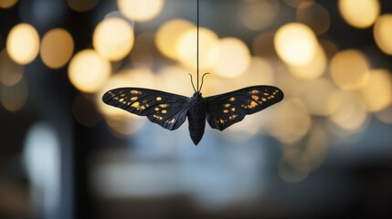 Poster - Elegant Black Decorative Moth in Contemporary Bathroom Setting with Bokeh Lighting Atmosphere
