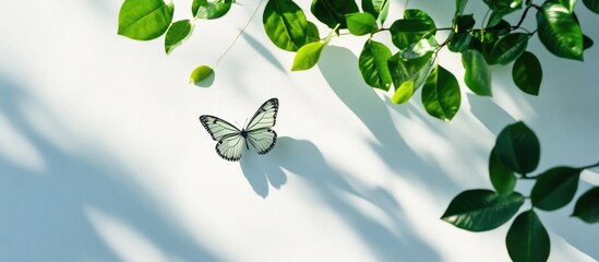 Poster - Green Leaves and Butterfly Shadow on White Wall Nature Eco Friendly Background with Space for Text in Calm Garden Setting