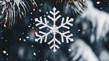 Poster - Elegant minimalist silver and white snowflake outline against a blurred winter background featuring pine branches and falling snowflakes.