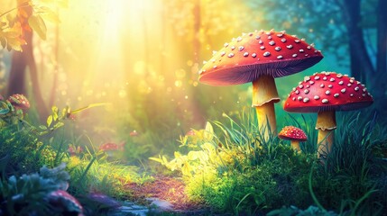 Wall Mural - vibrant evening forest scene featuring colorful mushrooms with soft light illuminating a rich natura