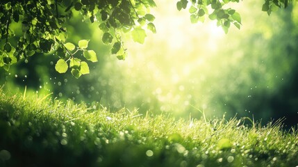 Poster - Lush Green Grass Field with Sparkling Dew on Leaves in a Sunlit Garden Park Outdoor Setting Nature Background for Wellness and Relaxation