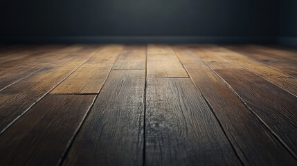 Poster - Dark wooden floor planks in an empty room with soft lighting creating a warm and inviting atmosphere for interior design concepts