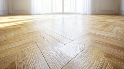 Poster - Light-colored herringbone parquet floor in a sunlit interior with large windows creating a warm and inviting atmosphere.