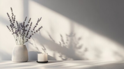 Wall Mural - Minimalist light grey mockup with lavender and candle creating a serene interior ambiance on a table with soft shadows.