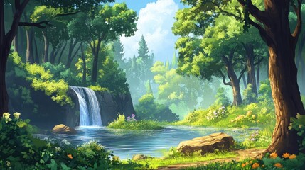 Poster - Serene natural spring forest with lush trees and a gentle river cascading into a tranquil pond surrounded by vibrant wildflowers