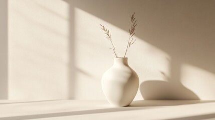 Fototapete - Minimalist white vase with dried flowers casting shadows in soft natural light on a neutral background showcasing abstract design elements
