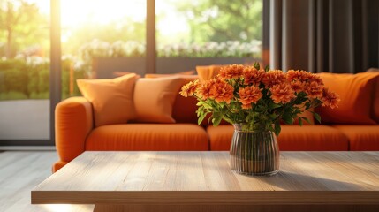 Poster - Cozy modern living room featuring vibrant orange cushions and floral centerpiece with a soft bokeh background for product display montage.