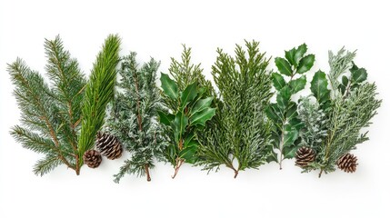 Poster - Winter nature frame with evergreen pine holly fir sprigs and pine cones on a clean white background for seasonal decoration and design.