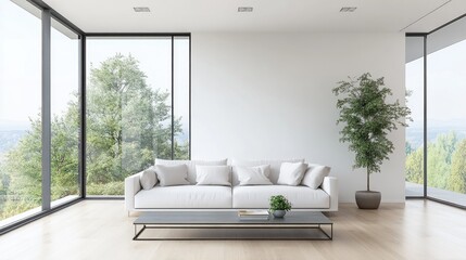 Wall Mural - Sleek minimalist living room design featuring large windows neutral colors modern furniture and smart home elements