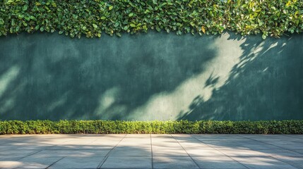 Poster - Green Cement Wall Surrounded by Lush Greenery and Shadows Creating a Natural Landscape Panorama Ideal for Background Wallpaper Use
